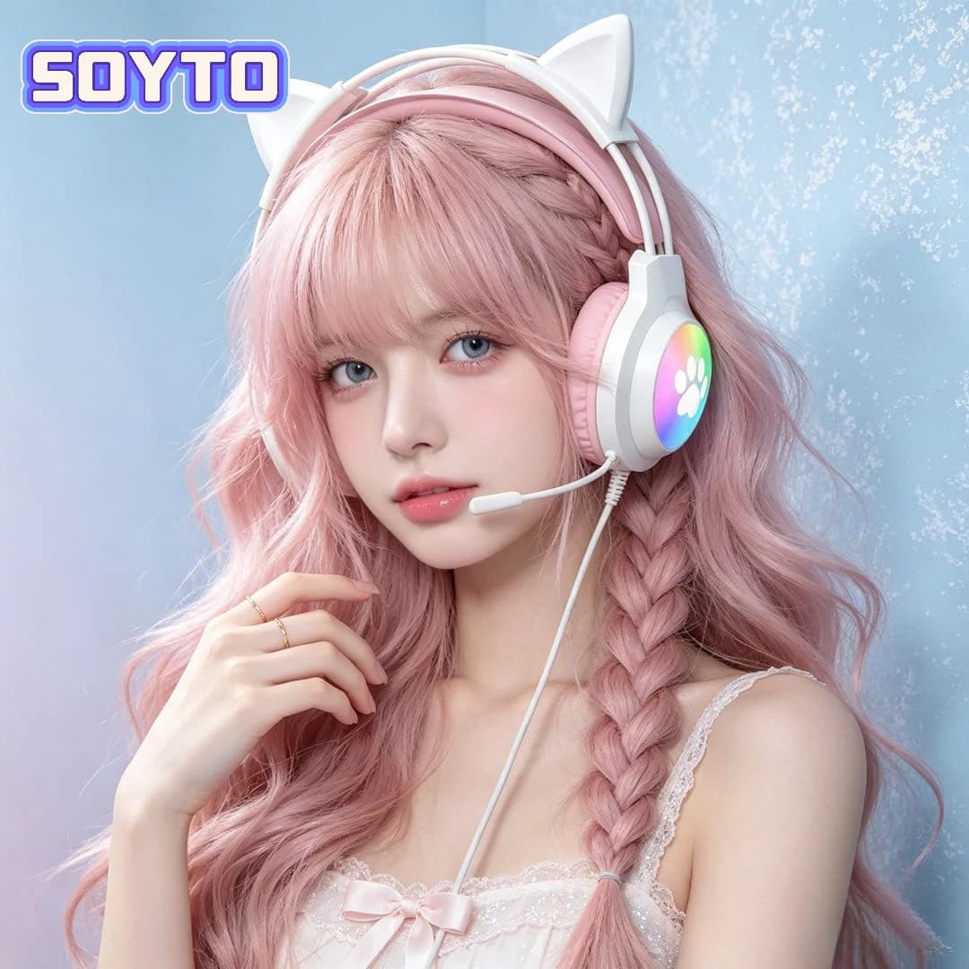 SOYTO Cuffie da Gaming con Orecchie di Gatto, Luminose, Cablate, con Microfono, Design Elegante e alla Moda, per Ragazze Gamer