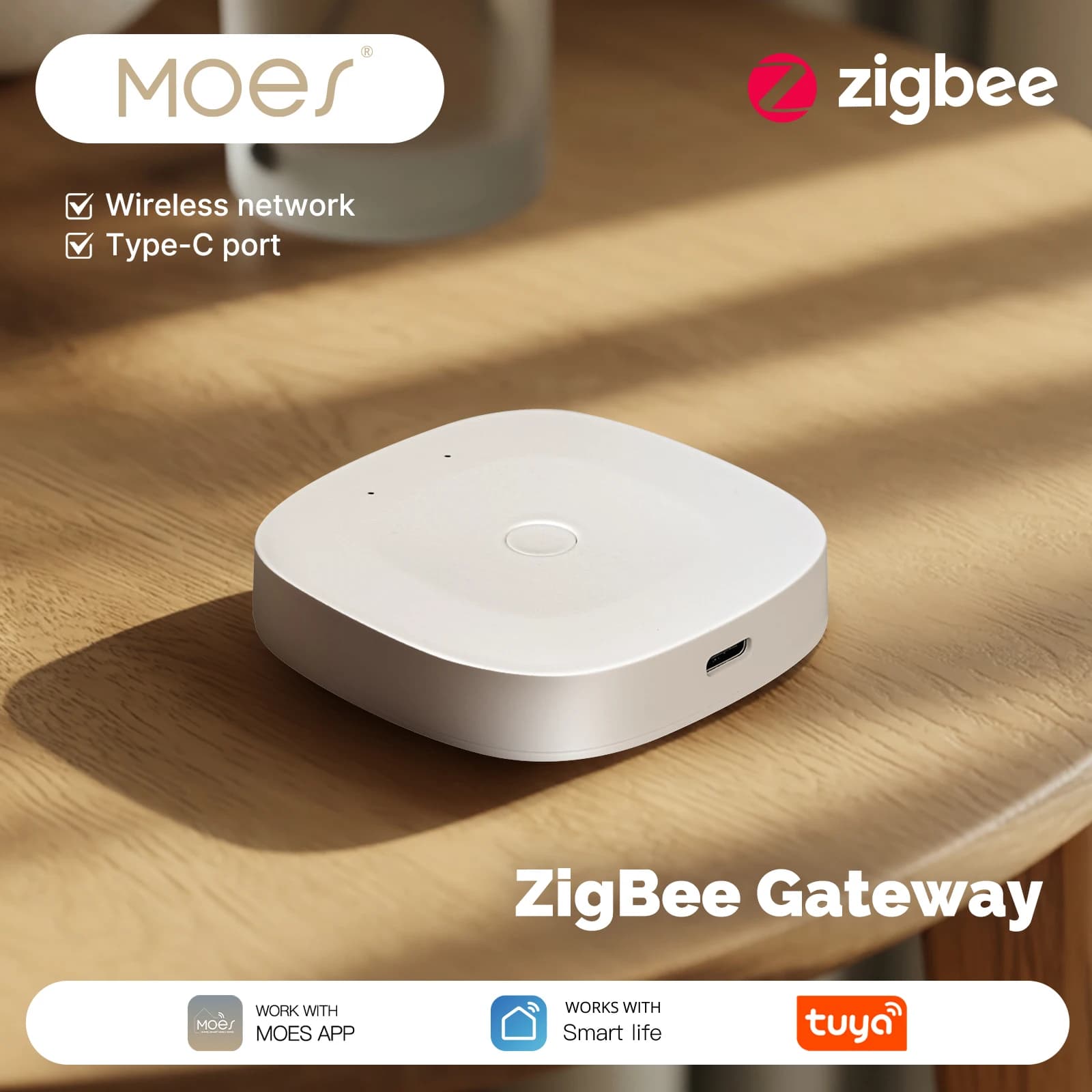 MOES Smart Home Hub,Bluetooth/ZigBee/Multi-mode Gateway,Compatible with Tuya App,Alexa Google Home,Type-C Port,Wireless Network