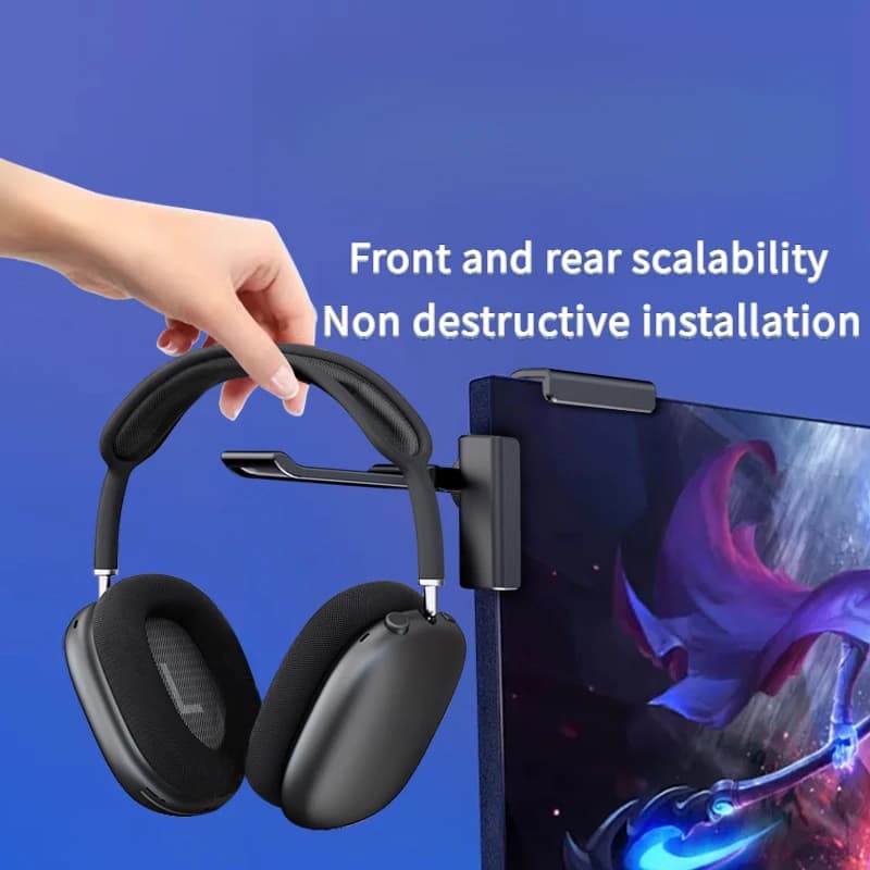 Foldable Over-Ear Headphone Stand，Sleek Design, Non-Destructive Installation, Black Plastic Monitor Hook，for Home