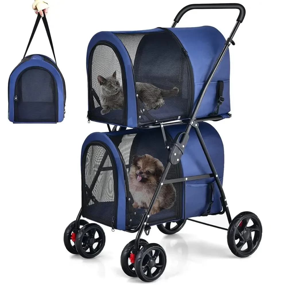 Passeggino Doppio per Animali Domestici con Trasportini Rimovibili, Cintura di Sicurezza, Ruote Bloccabili per Gatti, Cani e Piccoli Animali (Blu Navy)