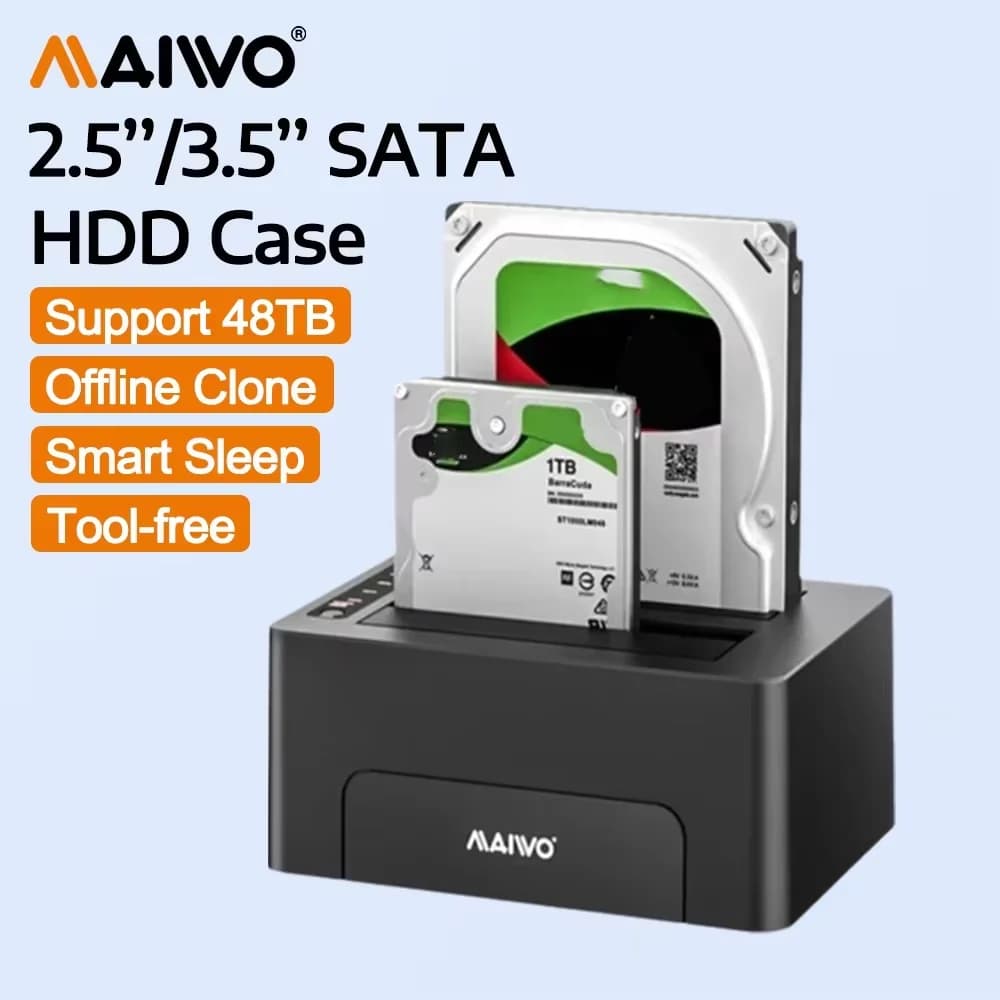 MAIWO Docking Station per Hard Disk a Doppio Alloggiamento 2.5/3.5 Pollici, Case HDD SATA a USB 3.0 con Funzione Clone Offline per HDD da 2.5 e 3.5 Pollici