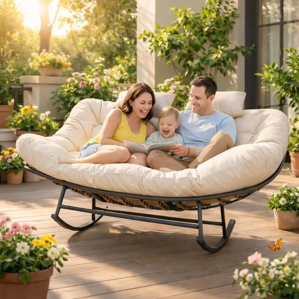 Oversized Doule Outdoor Rocking Papasan Chair, 2-Person Patio Loveat with Thick Cushion & Rattan e, LarLounChair or alcony or Ga