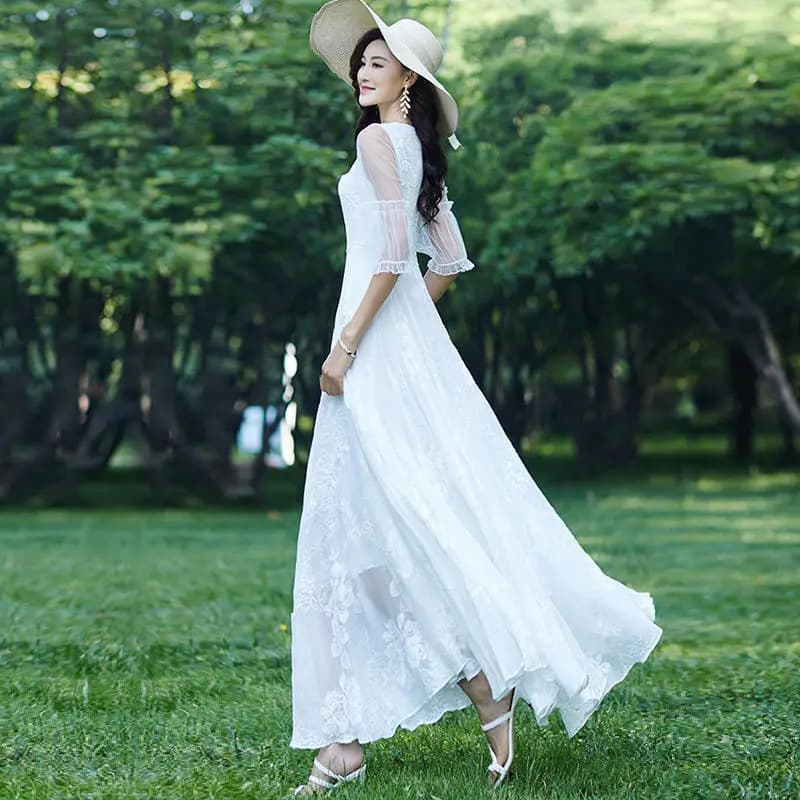 Abito Lungo da Donna in Chiffon Bianco 2026 Nuova Moda Jacquard Ricamato con Ampio Svasato, Vestito da Sera da Donna, Vestidos Femminili
