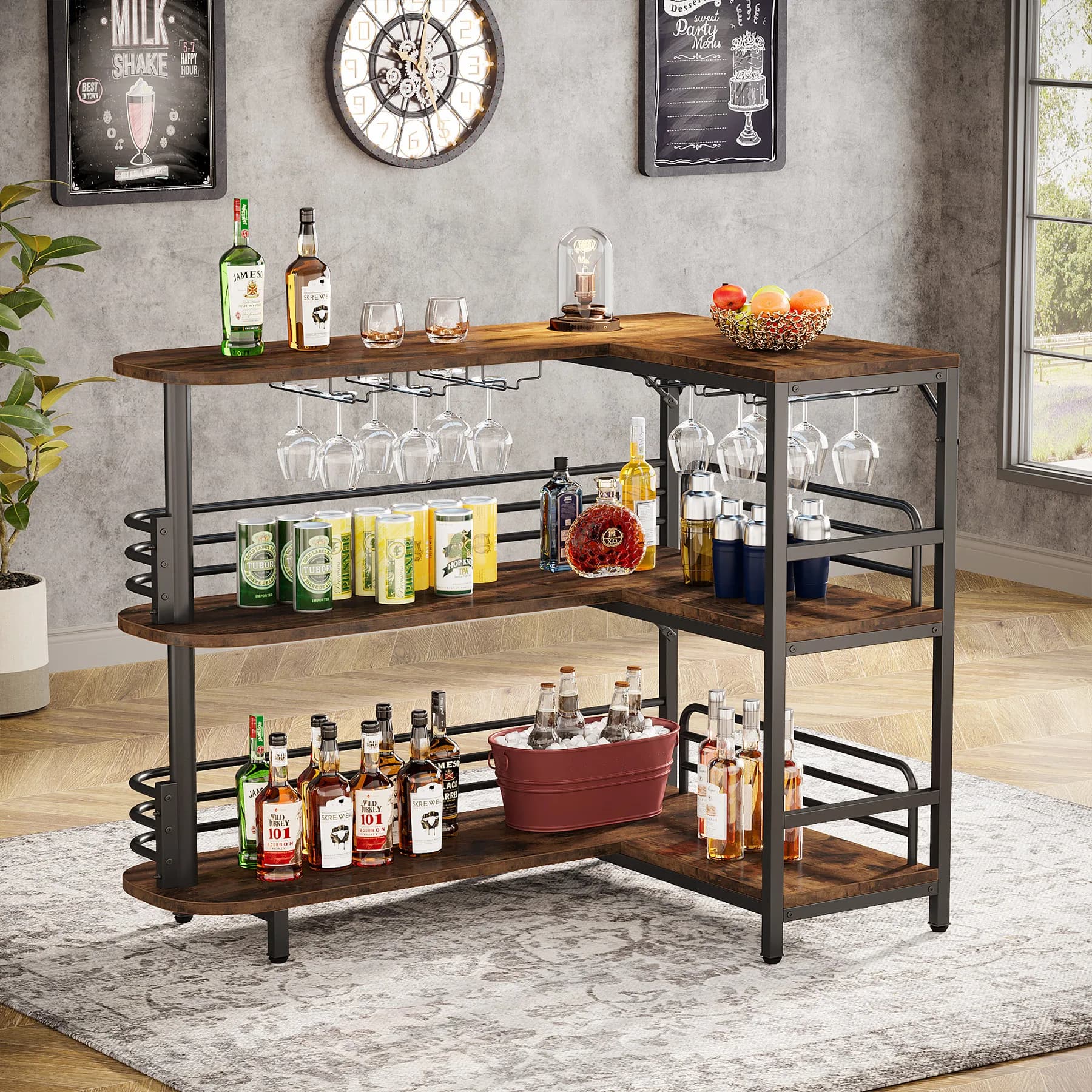 Tribesigns Tavolo da bar per la casa a forma di L Tavolo da bar per liquori a 3 livelli con ripiani e portabicchiere per cucina e soggiorno