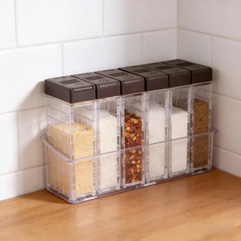 Set di 7 Contenitori Trasparenti per Condimenti da Cucina, Barattoli per Spezie, Sale, Pepe, Bottiglie per Condimenti, Portaspezie per Casa
