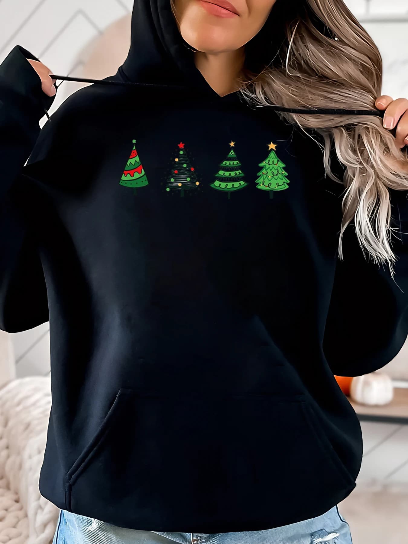 Christmas Hoodie with Christmas Tree Pattern Casual Clothing Women Black Plus Size
