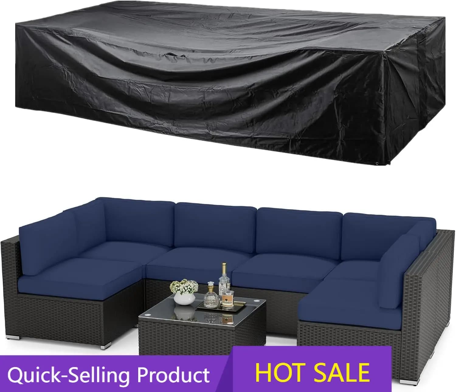 Set Divano da Esterno 7 Pezzi in Vimini Intrecciato Resistente alle Intemperie con Cuscini, Tavolino in Vetro e Copertura Impermeabile Blu Scuro