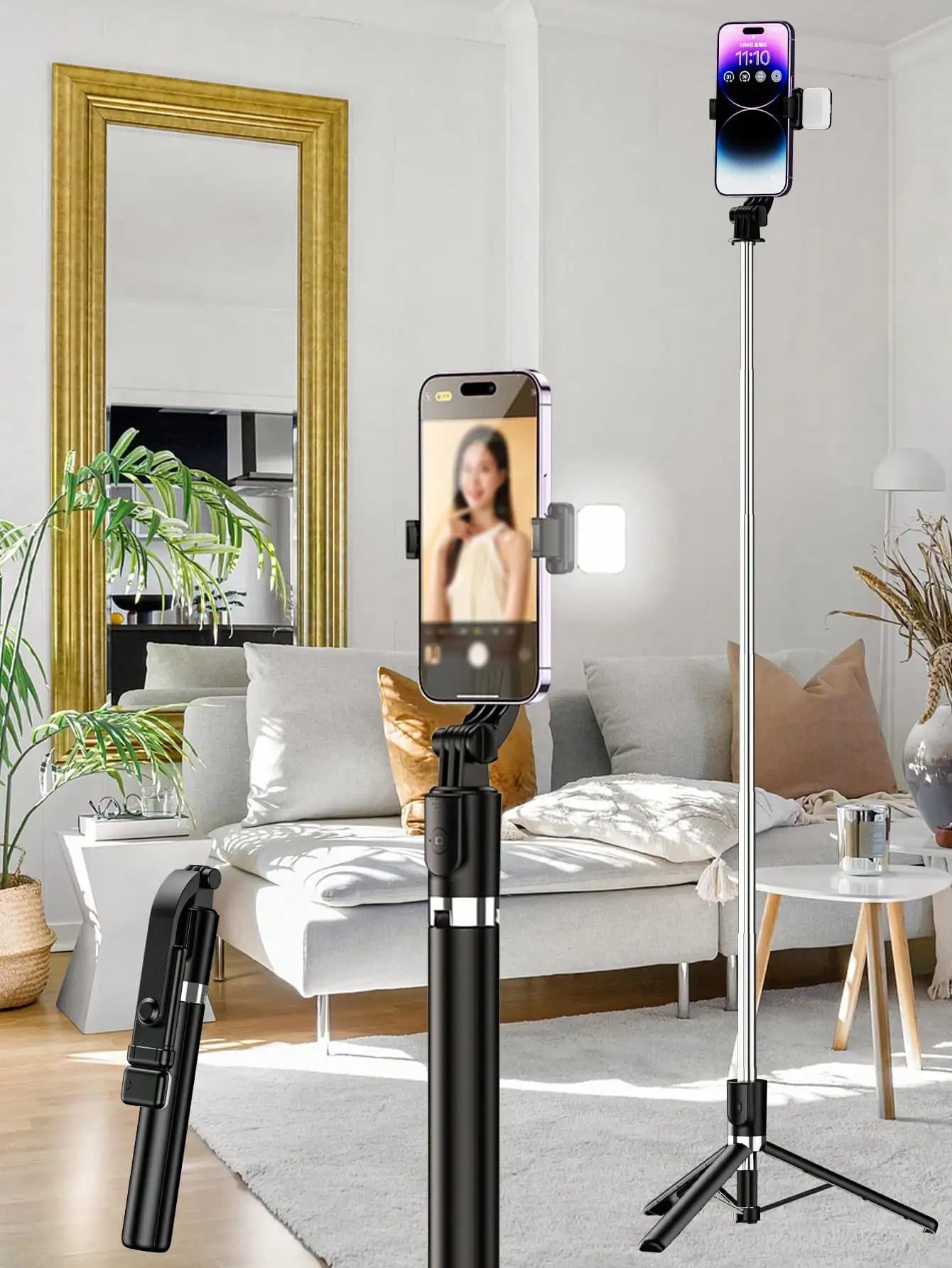 Bastone selfie wireless da 170 cm con treppiede e luce LED - dimmerabile, per riprese Vlog/Live/Zoom/outdoor