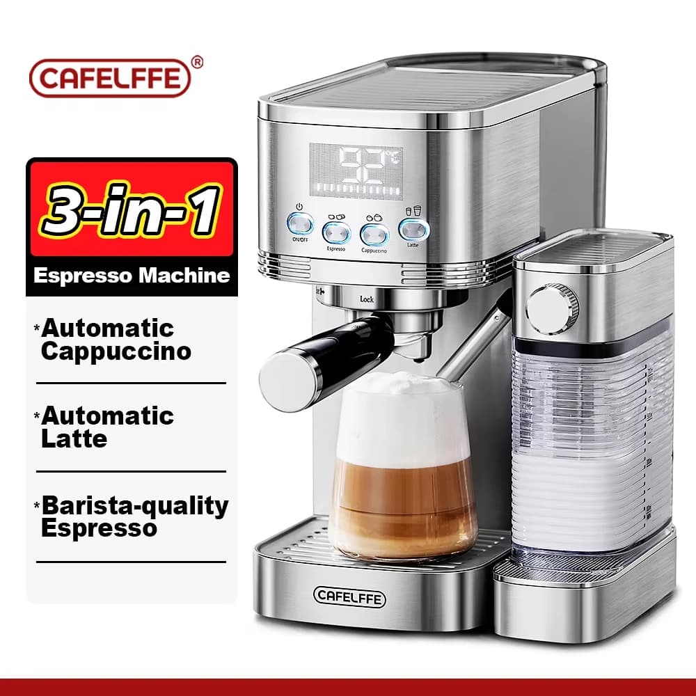 Cafelffe 3 in1 coffee machine cafeteria Cappuccino Milk Espresso maker fully automatic whipped stainless steels pump system powerful 20 bar