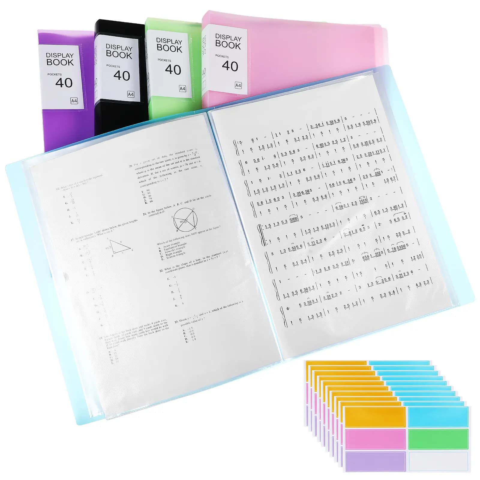 Set di 5 Cartelle Portadocumenti in Plastica A4 con 40 Tasche, Etichette Adesive, Organizzatore per Presentazioni, Archivio per Ufficio e Scuola