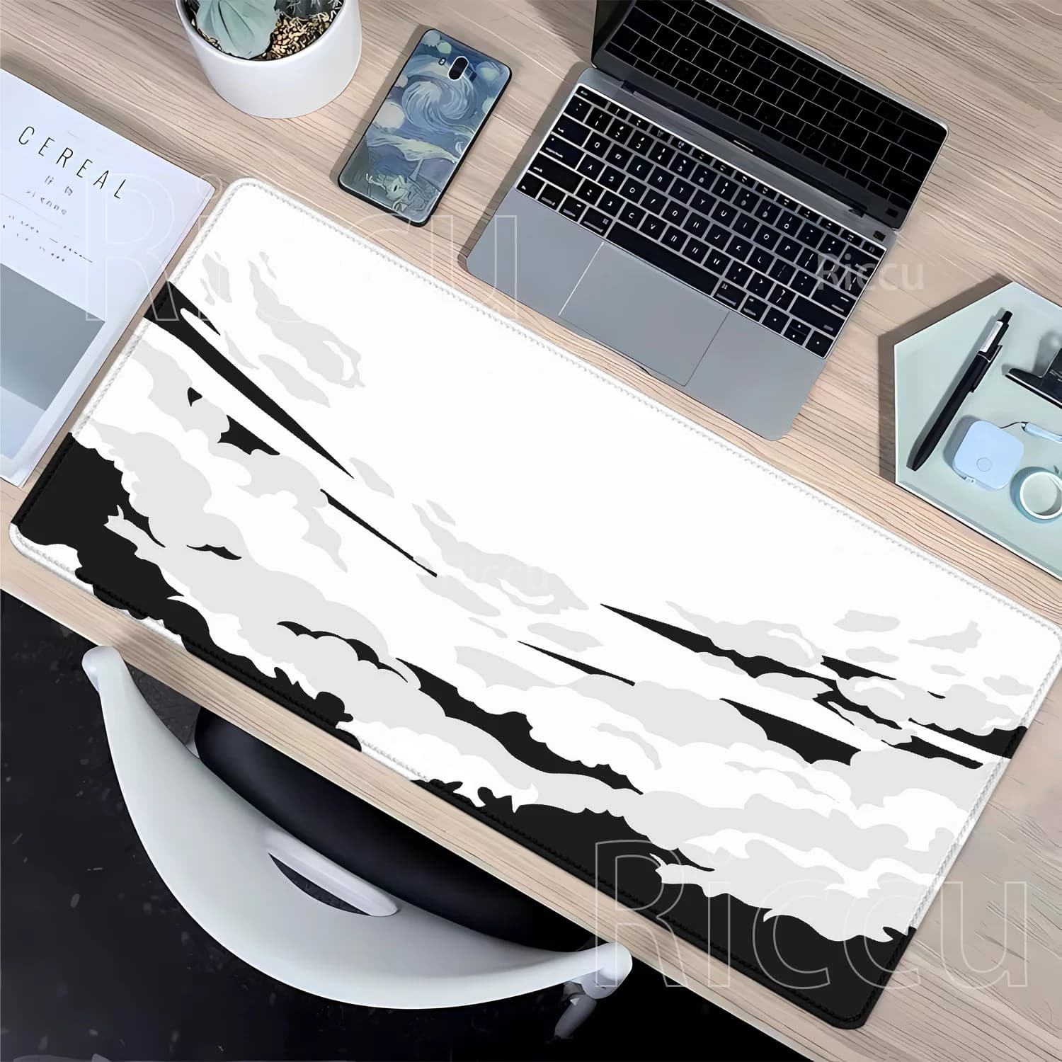 Tappetino per mouse in bianco e nero con nuvole pastello, tappetino per mouse in gomma con bordo bloccabile per gaming, stampa HD, tappetino da scrivania