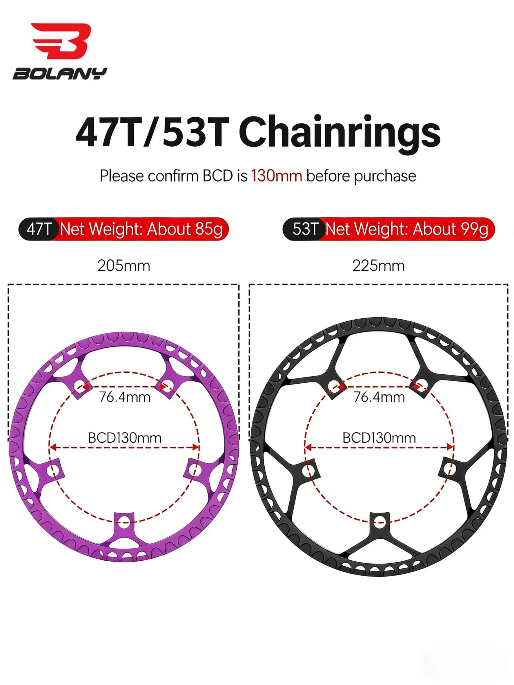 Guarnitura Bici BOLANY 130BCD 5 Bulloni 170mm MTB con Corona 47T/53T per Bici Pieghevole BMX
