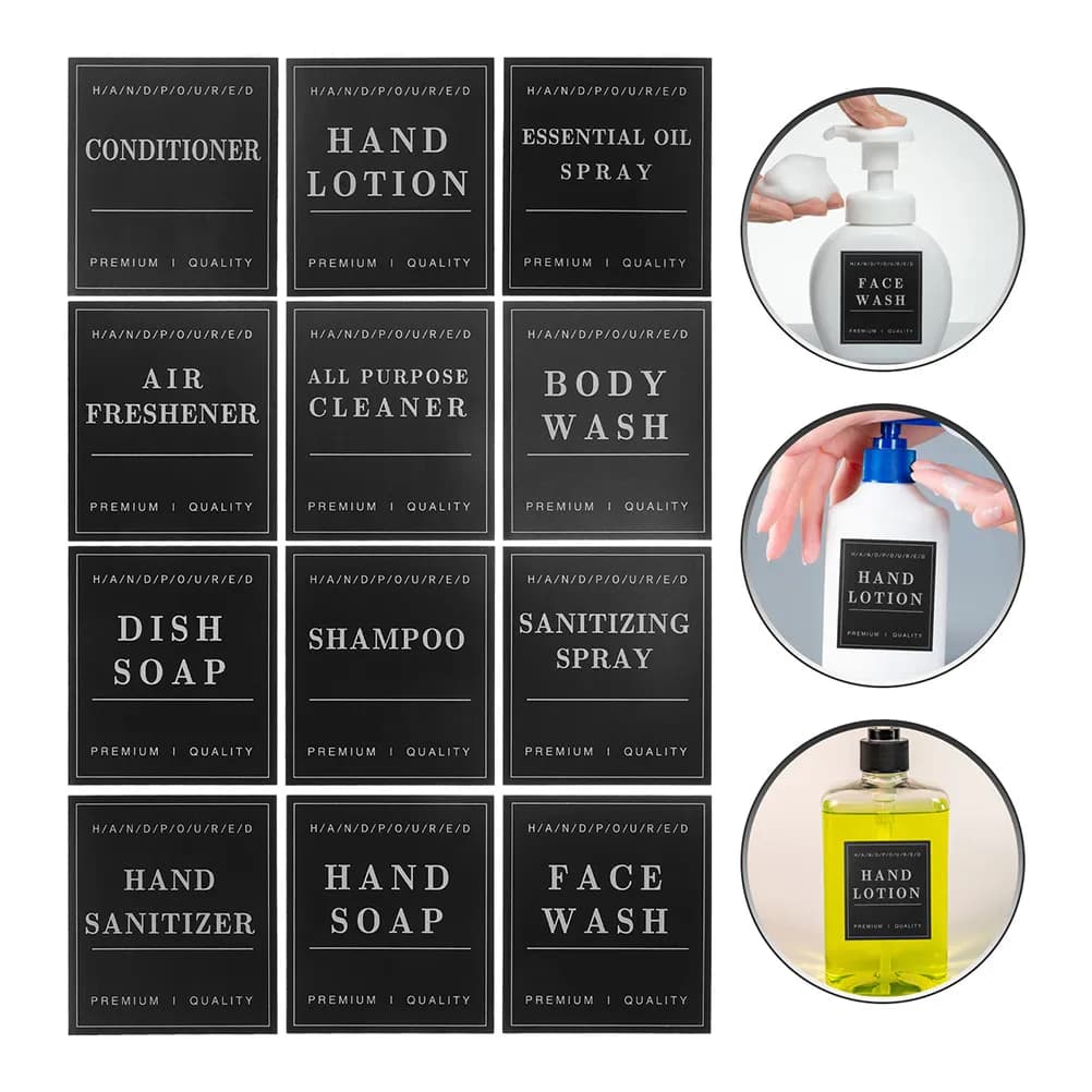 24 etichette impermeabili per bottiglie, adesivi per dispenser di sapone da bagno, etichette rimovibili per sapone, lozione, shampoo, balsamo, organizer