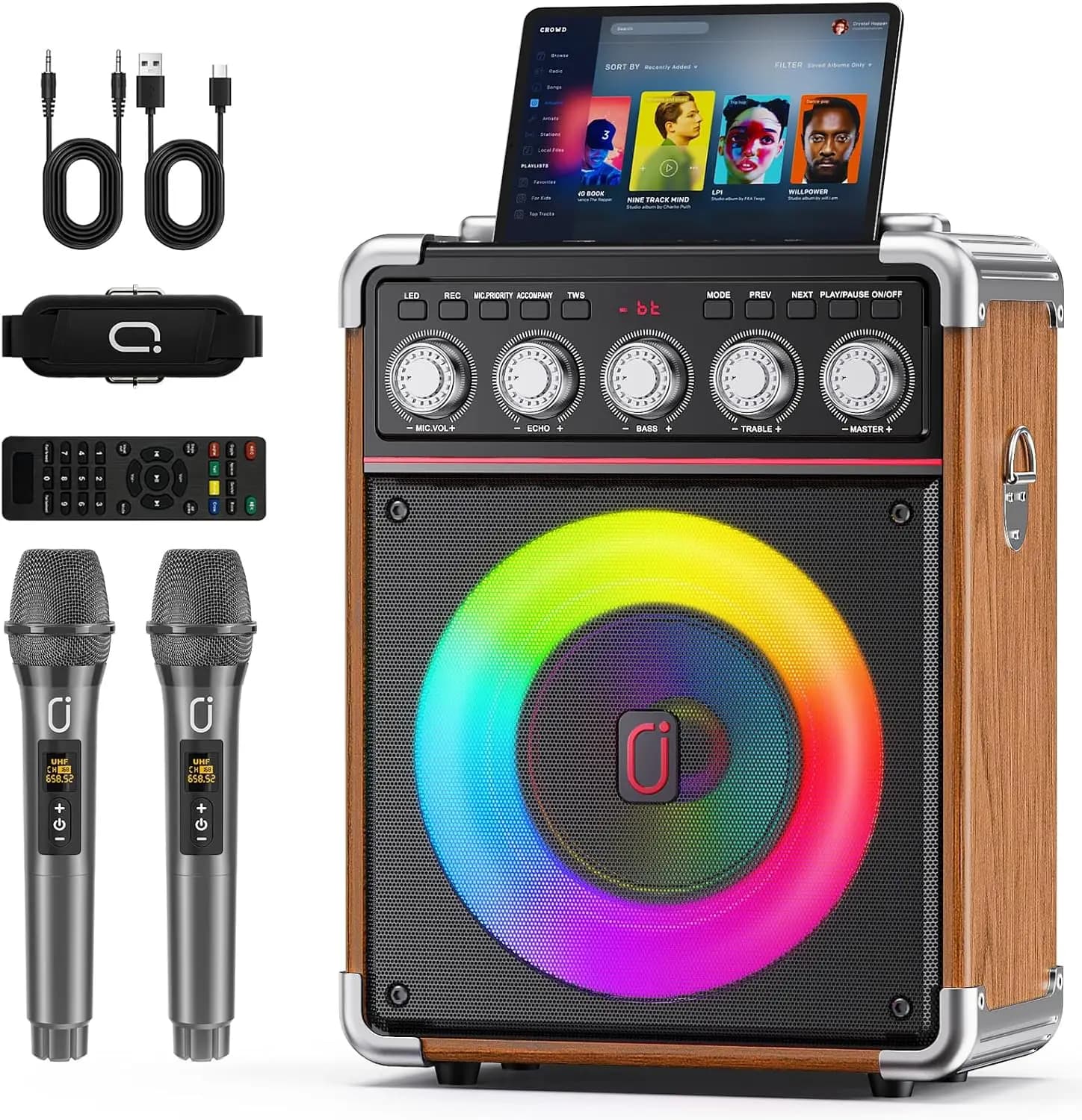 Macchina per Karaoke con 2 Microfoni Wireless, Altoparlante Bluetooth Portatile, Sistema PA con Bassi/Alti/Echo, TWS/TV/TF/USB/AUX