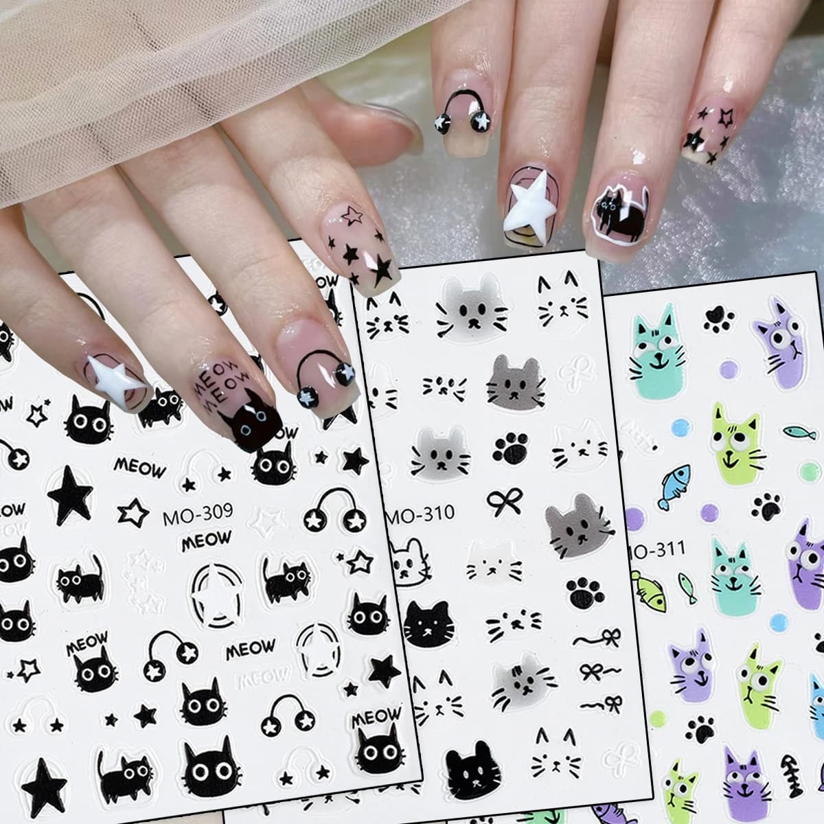 3/6 fogli adesivi per unghie gatto 5D, graziosi decalcomanie per nail art gattino cartone animato in rilievo con stelle e zampe per decorazioni manicure fai da te
