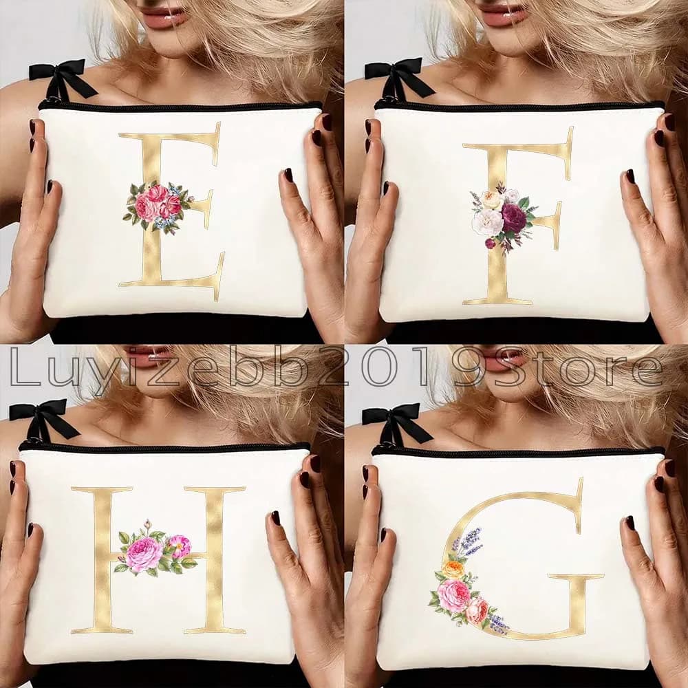 Borse Cosmetiche in Tela con Lettere Floreali Dorate, Organizer per Pennelli da Trucco, Pochette da Toilette