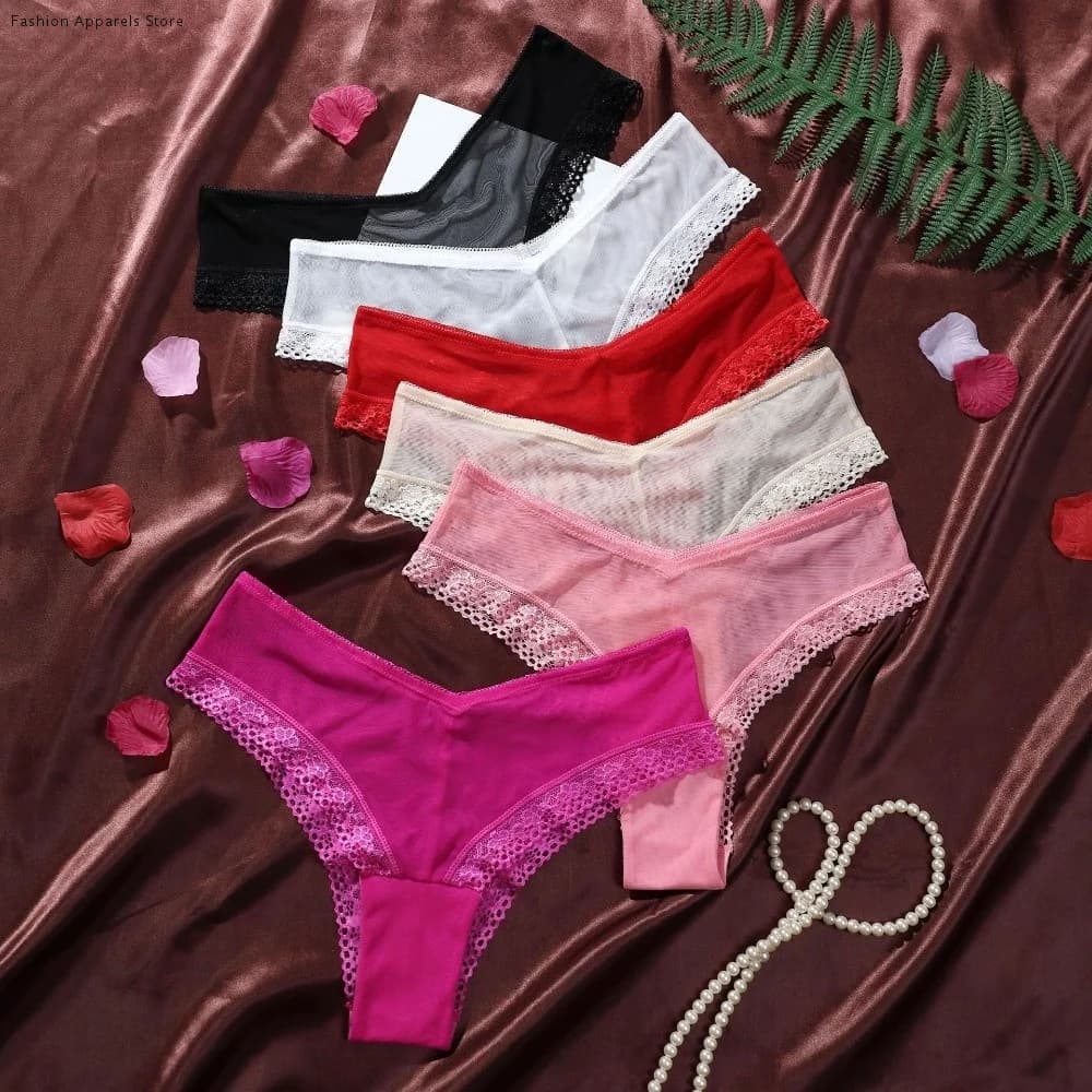Low Waist Mesh Floral Panties Female Lingerie Underwear Mesh Sheer Lace Thong Intimate Patchwork Lace Flower Transparent Briefs