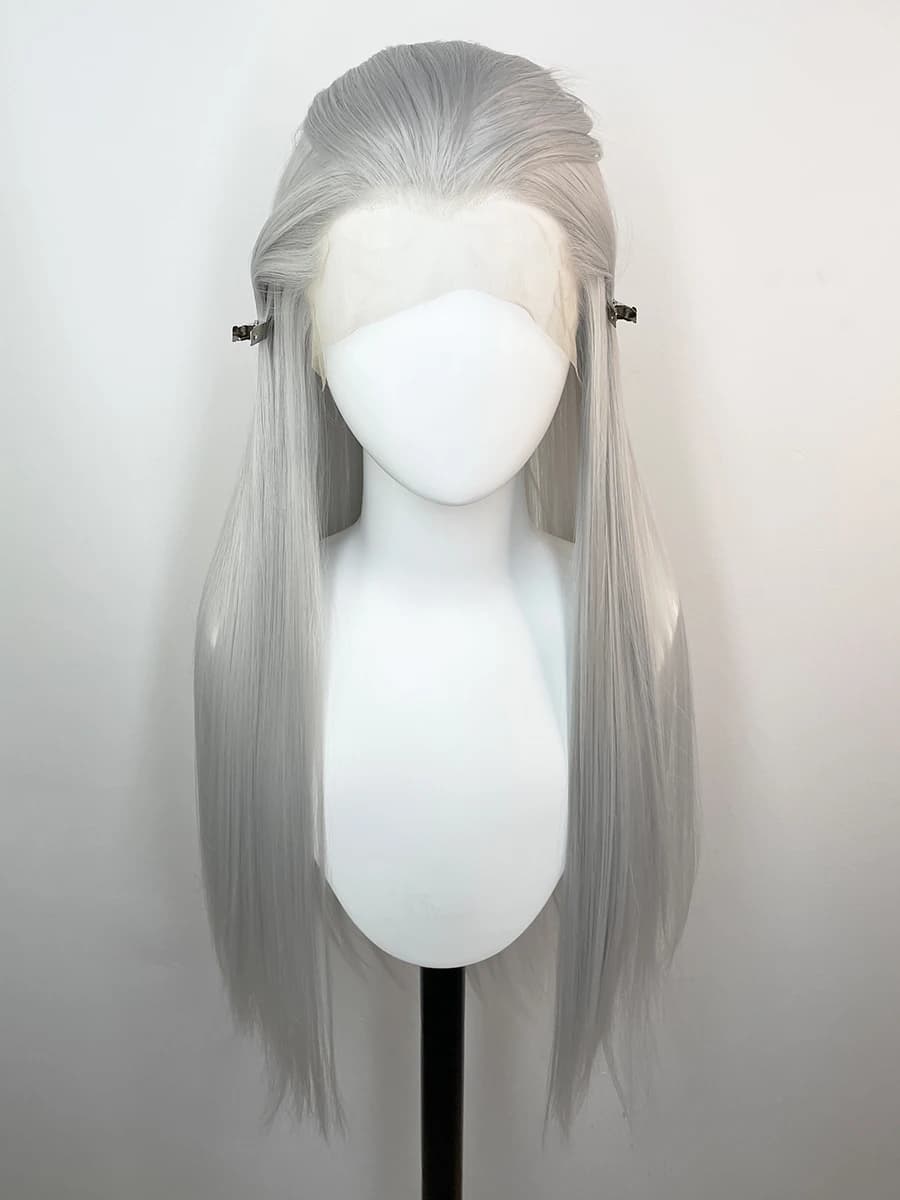 Parrucche anteriori in pizzo sintetico 13x4 grigio argento punta di vedova per le donne Elfo Cosplay 26 pollici parrucche Glueless lunghe diritte parte libera