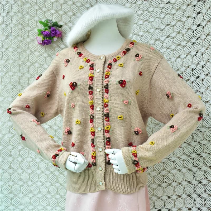 100% Wool Ladies Women Autumn Winter Vintage Hand Raised‑crochet flower Long Sleeves Short Style Slim Cardigans Sweater Jacket