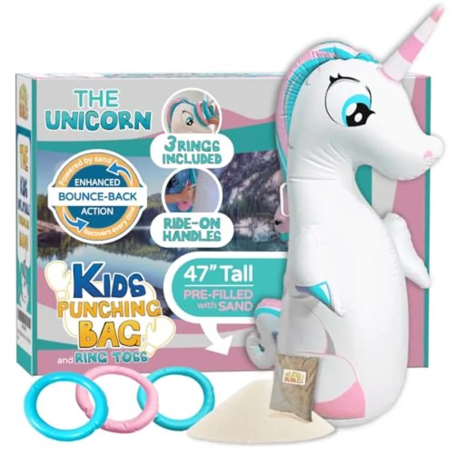 Toy for unicorn 47 inch boxing bag with Bop sack filled with sand and 3 inflatable rings for party decorations Rose unicorn rings