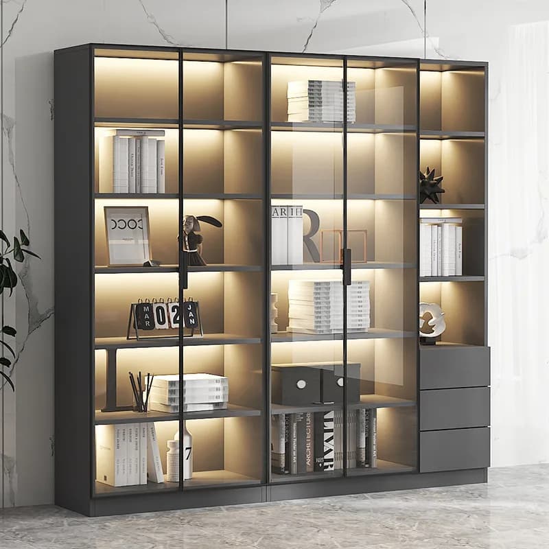 Libreria con porta in vetro, armadietto del vino, soggiorno domestico di lusso leggero, libreria integrata da parete intera al piano superiore