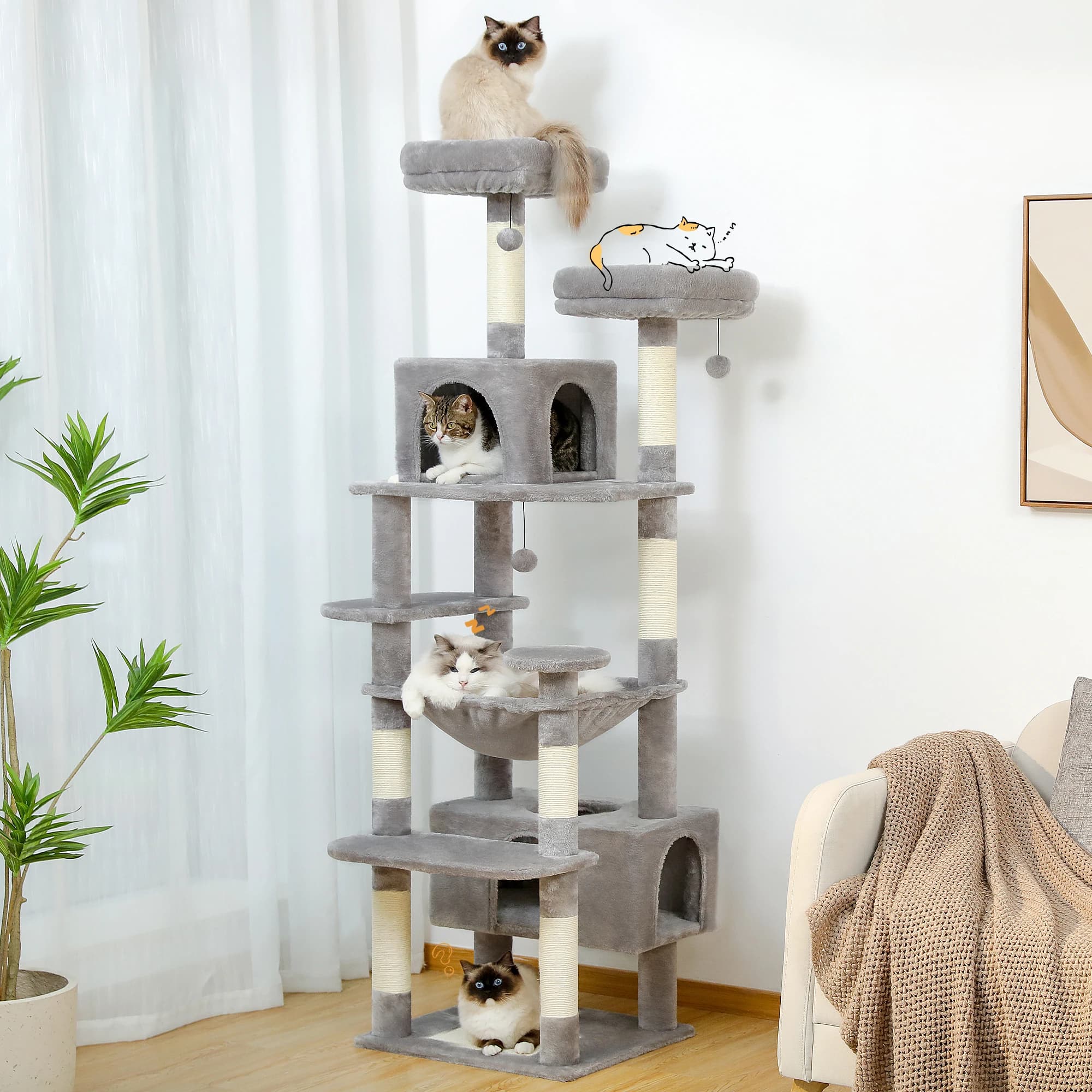 Robust tree tower for multi-level cats with natural sisal scratching, hammock and cosy condo, wide upper cutlery and fun hanging ball