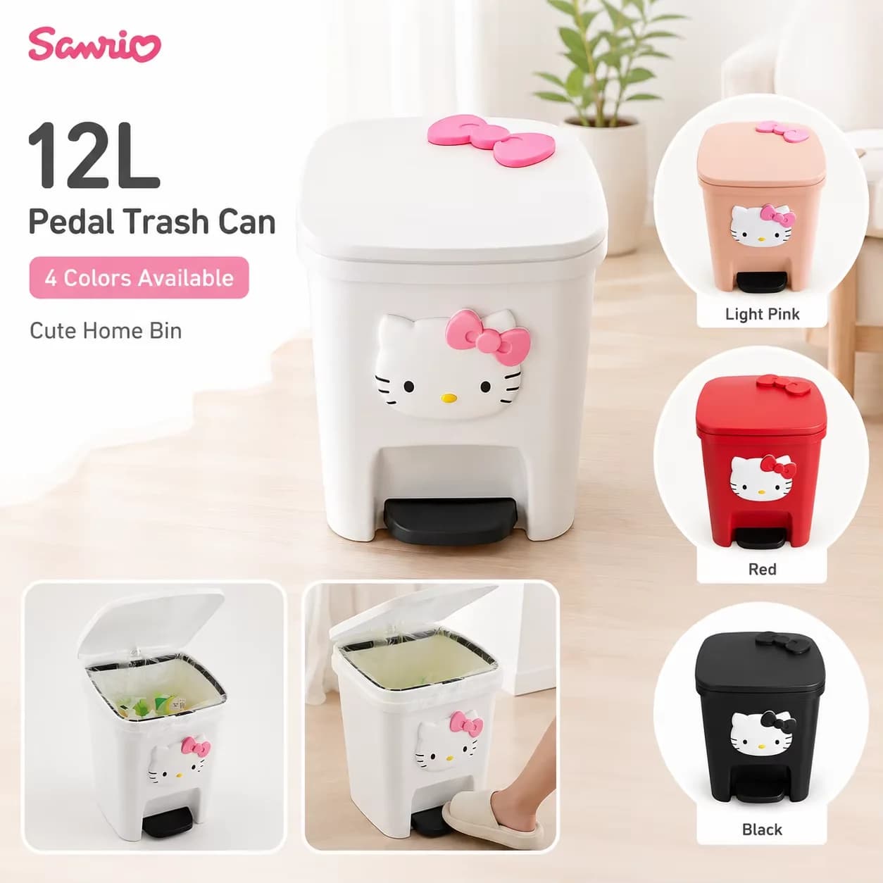 Sanrio Hello Kitty 12L Pedal Trash Can With Inner Bucket Cute Cartoon Plastic Waste Bin Household Bathroom Kitchen Container