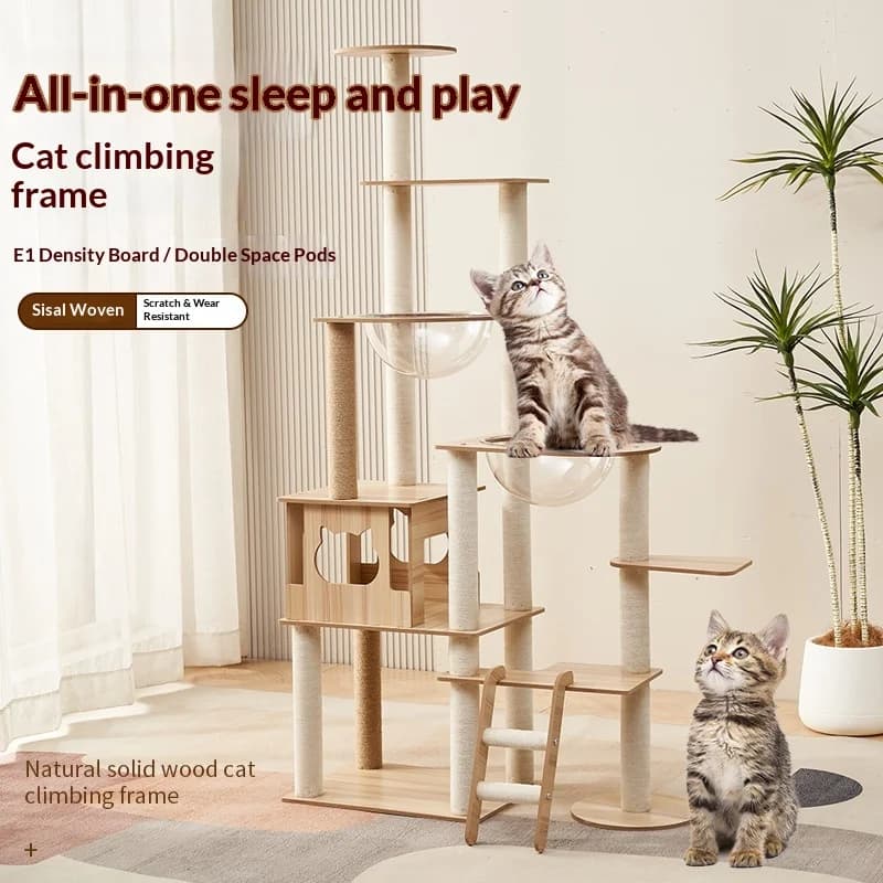 Wood Japanese Style Luxury Cat Tree Large Six-Tier Climbing Frame All-Season Christmas Cat Jump Platform With Dual Capsule Beds