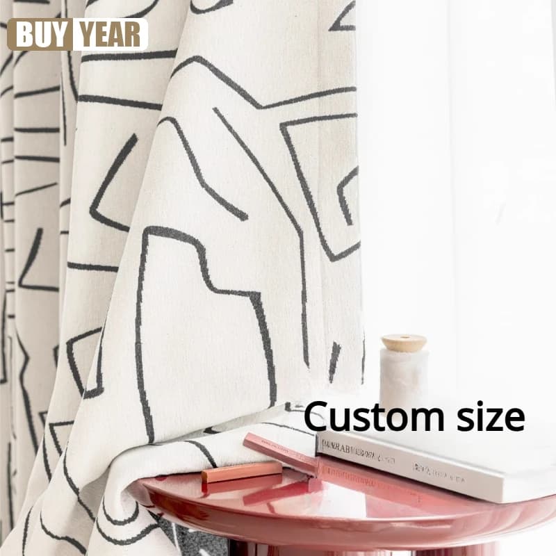 Customized French Line Art Black and White Chenille Curtains for Living Dining Room Bedroom Blackout Jacquard Modern