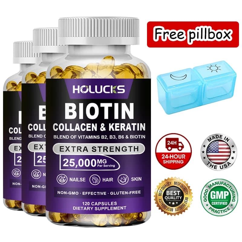 Capsule di Biotina, Collagene e Cheratina, Integratore per la Cura della Pelle, Anti-Invecchiamento, Sbiancante per Pelle, Unghie e Capelli