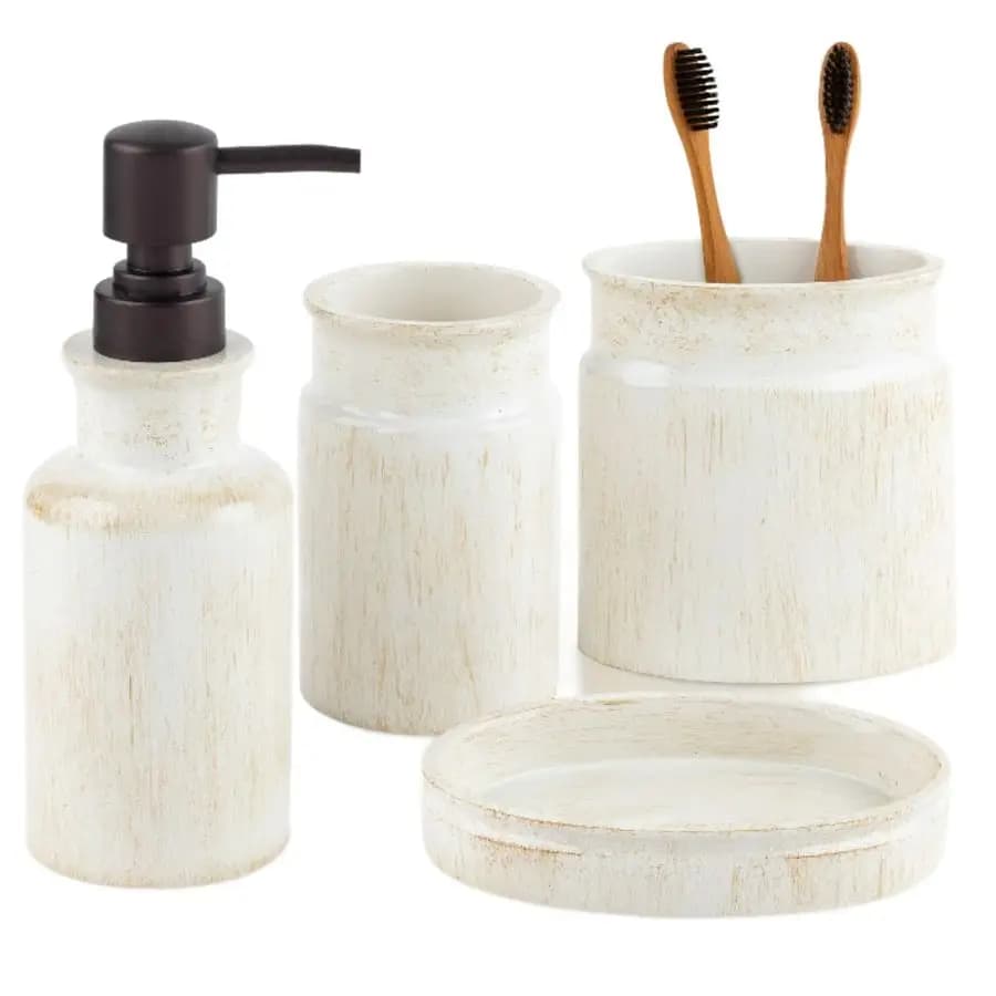 Set di Accessori Bagno Rustic Luxe Completo 4 Pezzi Beige con Dispenser Sapone, Porta Spazzolini, T