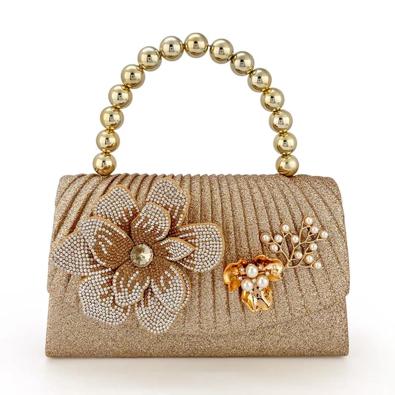 Golden sparkling diamond flower dinner bag, metal bead handbag, dress bag.