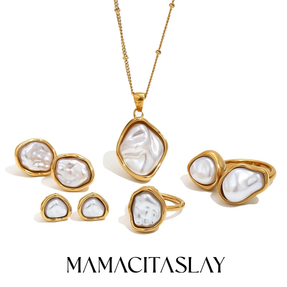 Set di gioielli MamacitaSlay in acciaio inossidabile 316L con perle barocche, orecchini, collane e anelli, placcati oro 18 carati, impermeabili, per regalo da donna