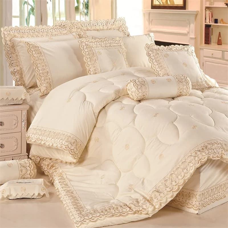Soft Like Polyester / Cotton Luxury Embroidered Lace Comforter Bedsheet Bedding Set Bed Sheet Set With Curtains