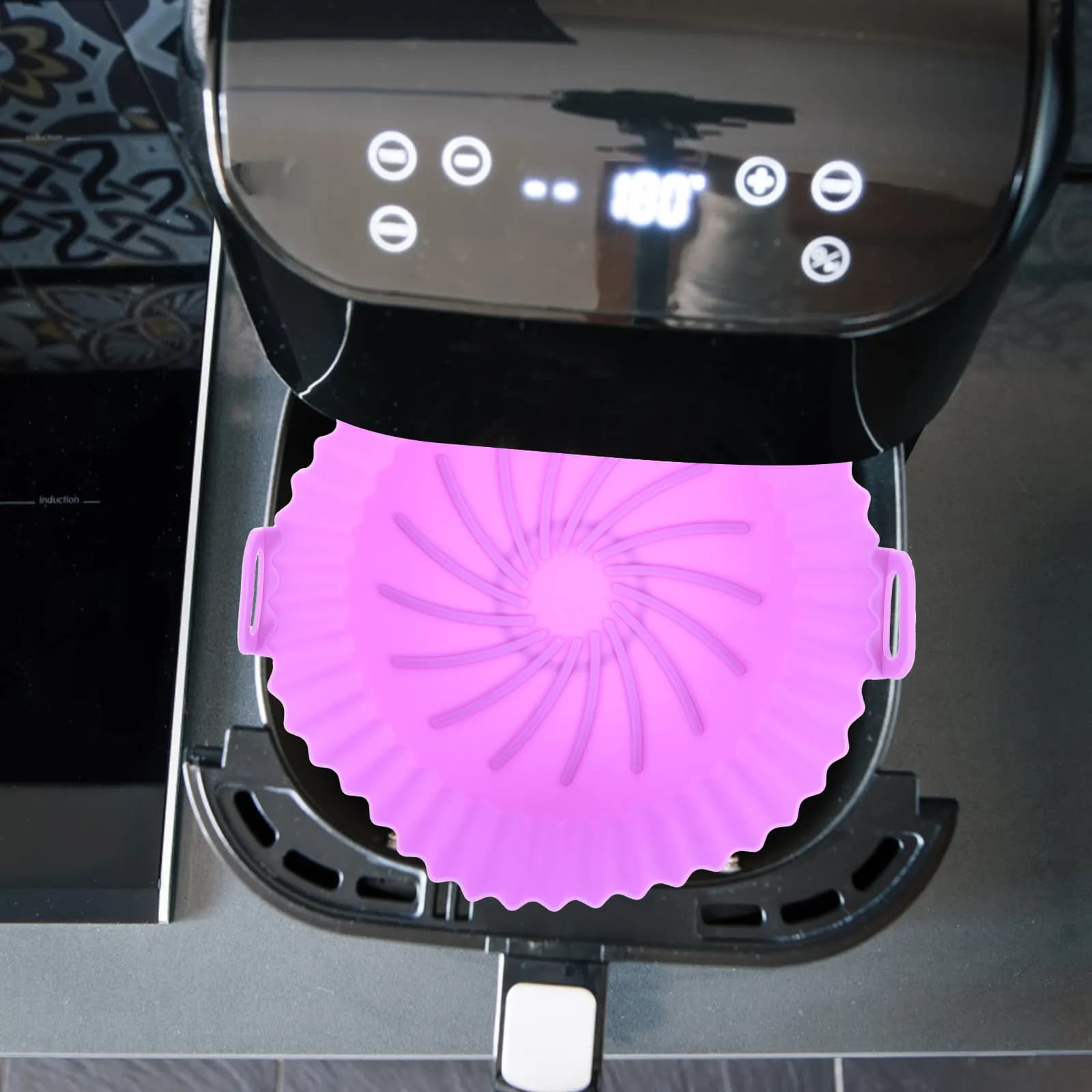 Tappetino Interno in Silicone per Friggitrice ad Aria, Antiaderente, Resistente al Calore, Riutilizzabile, con Manico, per Patatine Croccanti, Snack e Pane