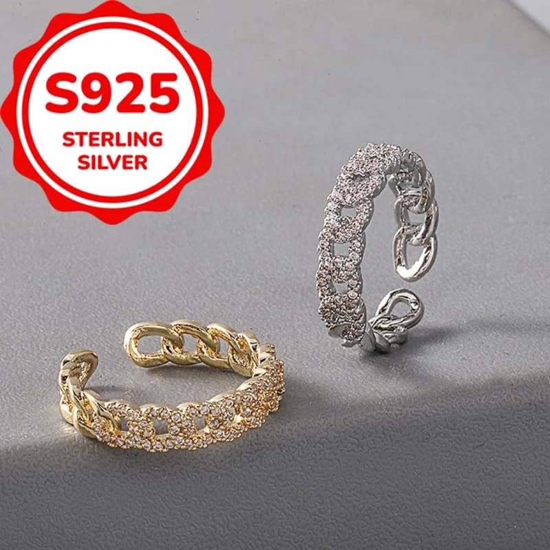 Anello regolabile in argento sterling 925, stile raffinato e leggero, con zirconi sintetici, design cavo, versatile per l'uso quotidiano, semplice ed elegante.