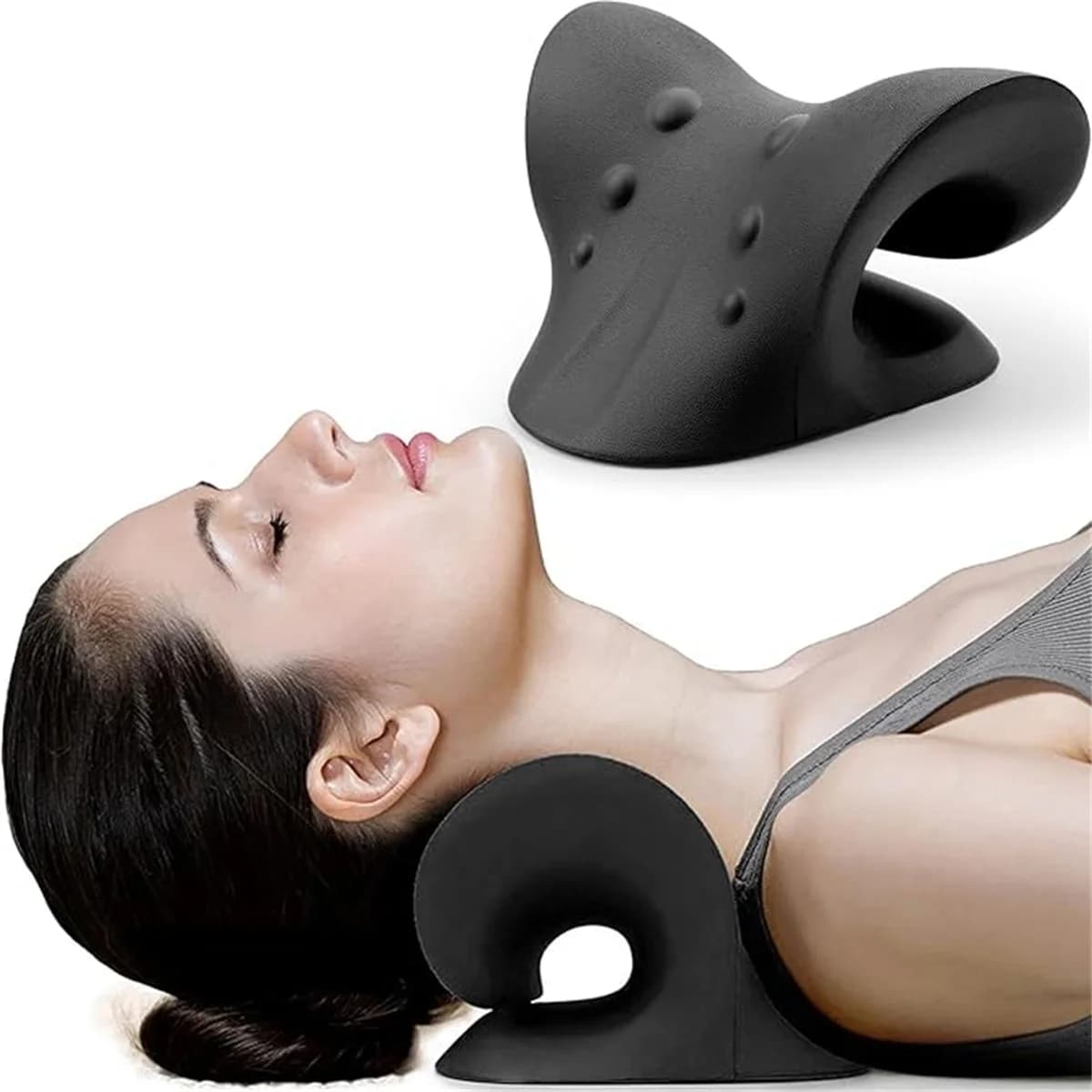 Relaxing for neck and shoulders with C-shaped pillow, cervical traction device for TMJ pain relief and alignment of cervical spine, chiropract