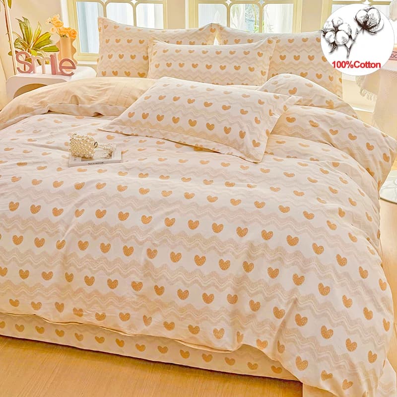 Breathable 100% Cotton Heart Pattern Bedding Set, Cozy Orange Love Print Duvet Cover & 2Pillowcases, Twin Full Single Double