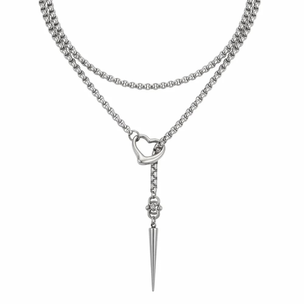 Alloy Heart Spike Pendant Necklace Heart-Shaped Lock Pointed Cone Pendant Y‑Shaped Tassel Choker Anti-Slip Long Chain Necklace