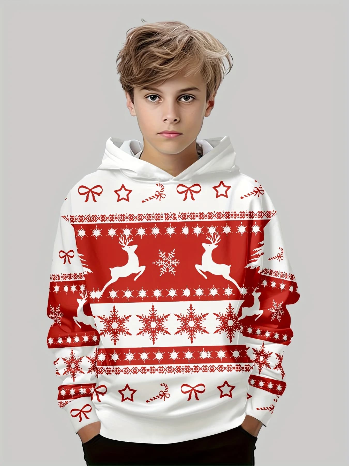 Felpa con cappuccio grafica natalizia 3D da ragazzo Top a maniche lunghe Felpa con cappuccio casual in poliestere Autunno Primavera Capispalla Felpa Abbigliamento per bambini