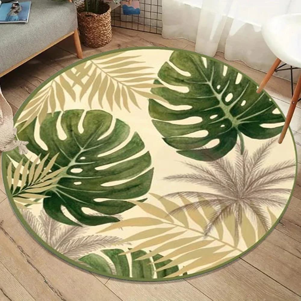 Tappeto rotondo con motivo di piante della giungla tropicale Tappeto floreale con foglie di Monstera Tappeto di grandi dimensioni per l'arredamento della camera da letto del soggiorno
