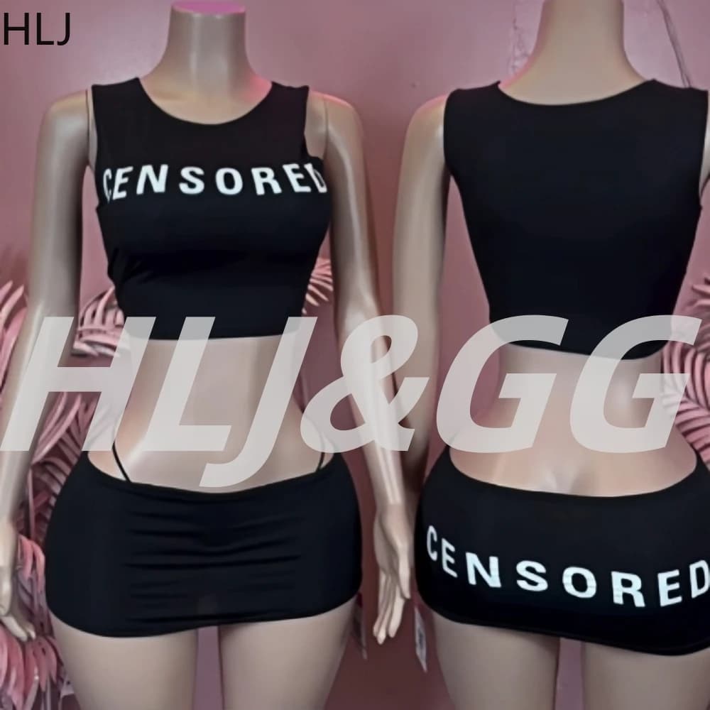 HLJ Minigonne sexy con stampa di lettere nere Set da due pezzi da donna Girocollo senza maniche Crop Top e gonne Outfit Moda Streetwear