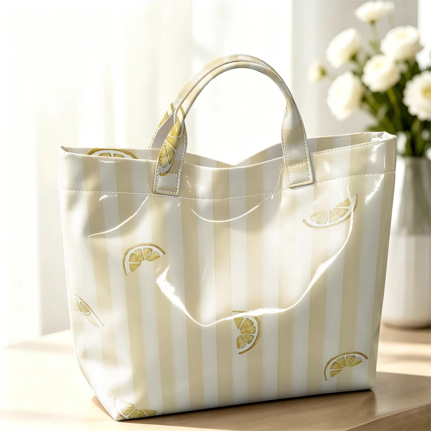 Stripe Watercolor Lemon Slice Hot Sale Large Glossy PVC Tote Bag Hand Washable Waterproof for Travel Commute Makeup Handbags