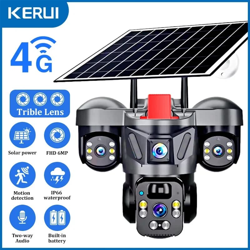 KERUI PTZ Exterior 6MP 4G SIM WIFI Solar Panel Triple Camera Goal CCTV Video Surveillance Battery Built-in V380pro