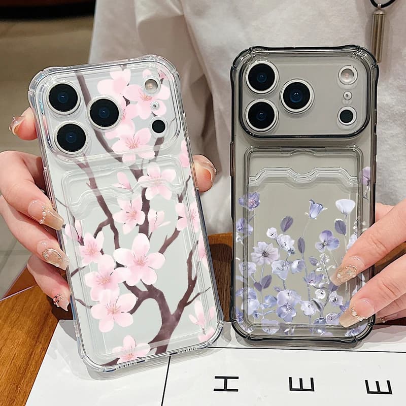 Transparent Case with Slot for Cards for iPhone 17 16 Pro Max 15 14 13 Pro Max, Anti-shock, with Reason for Pesco Flowers, Silicone Soft
