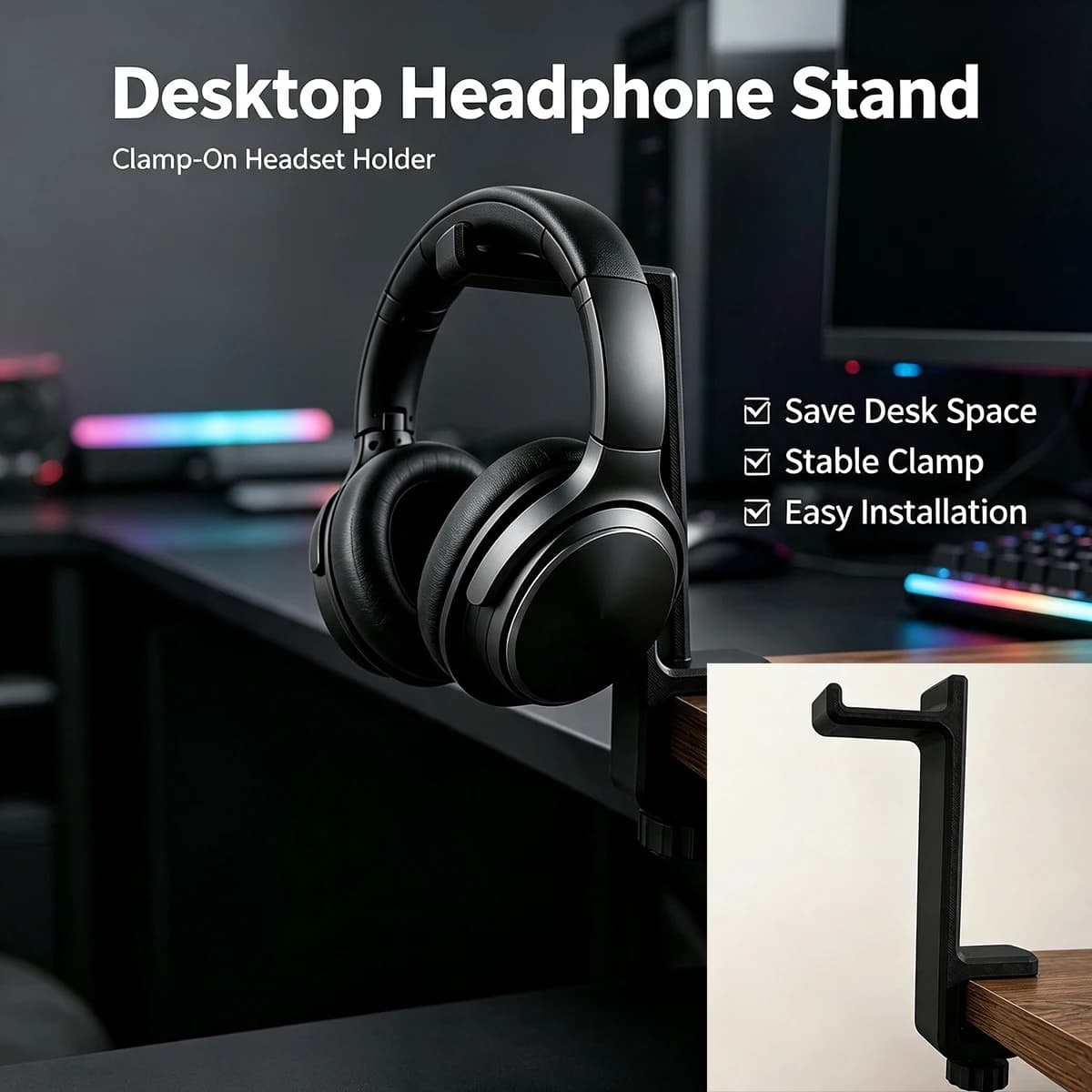 Clip-On Headphone Stand, No-Drill, Rotatable Headphone Hook for Desk Edge, Gaming Desktop Headset Storage Hanger