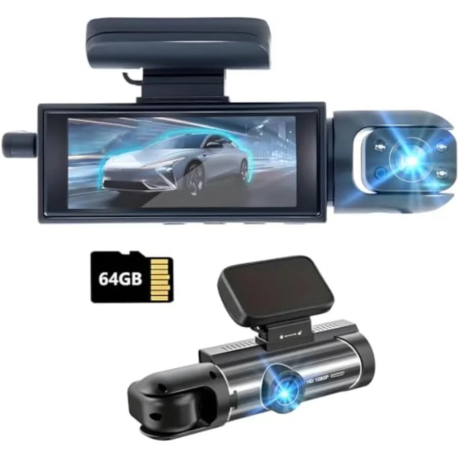 Dash Cam Anteriore e Interna per Auto con Scheda da 64G, Registratore di Traffico, Visione Notturna IR, Registrazione in Loop, Sensore G, Monitoraggio Parcheggio 24 Ore