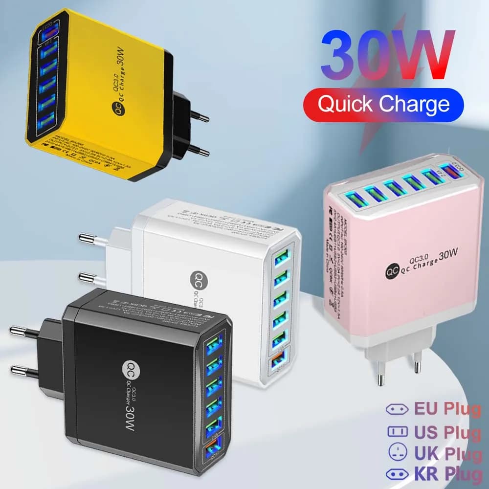 Caricatore USB 6 in 1 da 30 W Caricatore rapido QC3.0 a ricarica rapida per adattatore di ricarica per telefono cellulare Samsung Xiaomi Spina UE/USA/Regno Unito/KR