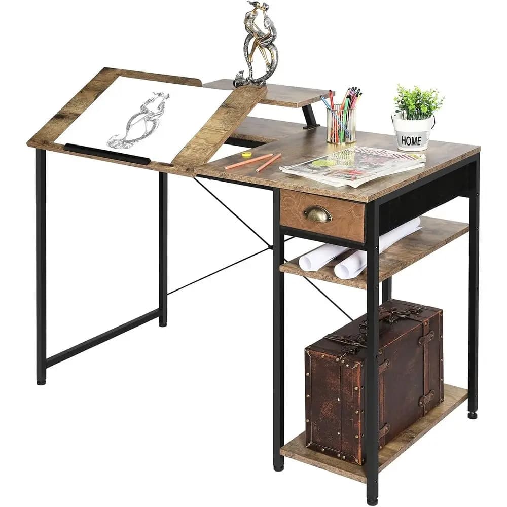 Adjustable 43 Art Desk with Storage and Monitor Stand for Home Office, Artistic Drafting Table with Tilt Feature