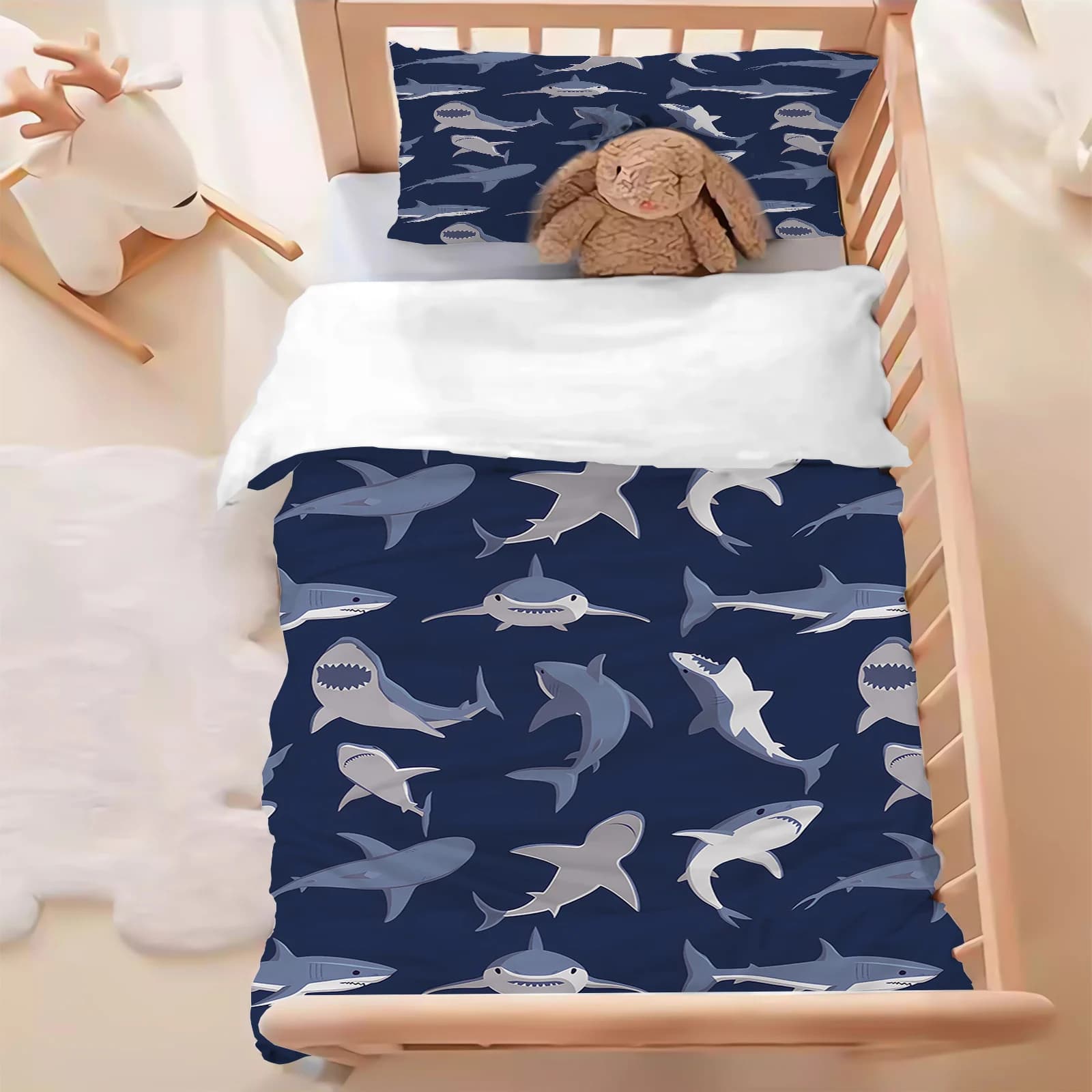 Set copripiumino Shark, set biancheria da letto, set piumino 3D per bambini, 2 pezzi, per neonati/bambini (senza materiale di riempimento)
